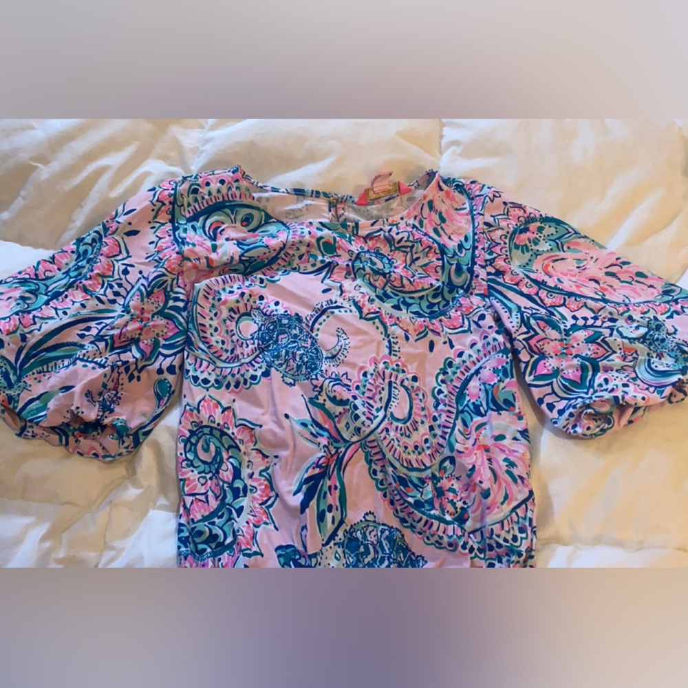 Lilly Pulitzer light pink and teal puff sleeve romper
